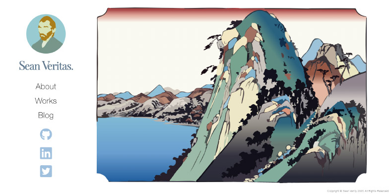 A colorful Ukiyo-e painting of Hakone, with a side navigation bar and the title 'Sean Veritas'